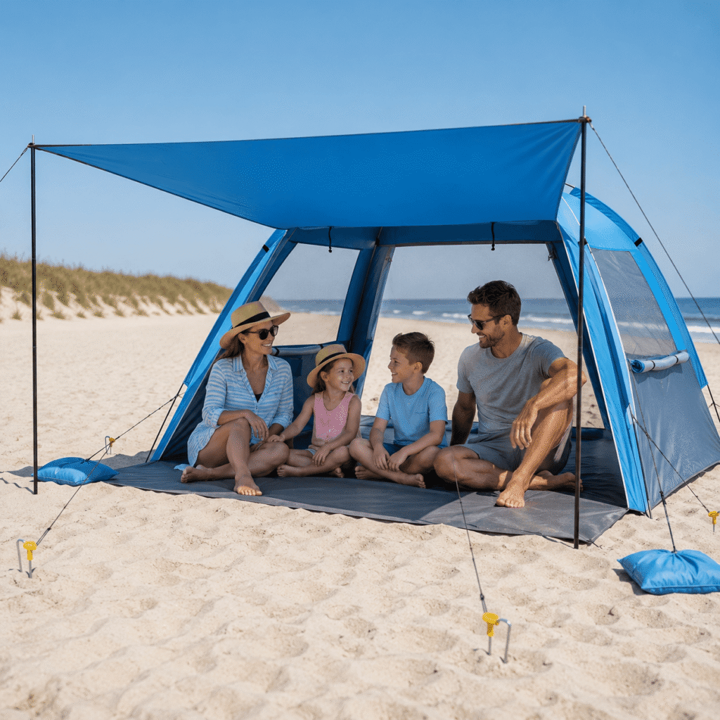 Gorich Beach Tent - UPF-rated fabric with anchor system using sandbags, stakes, and guy lines for outdoor setup